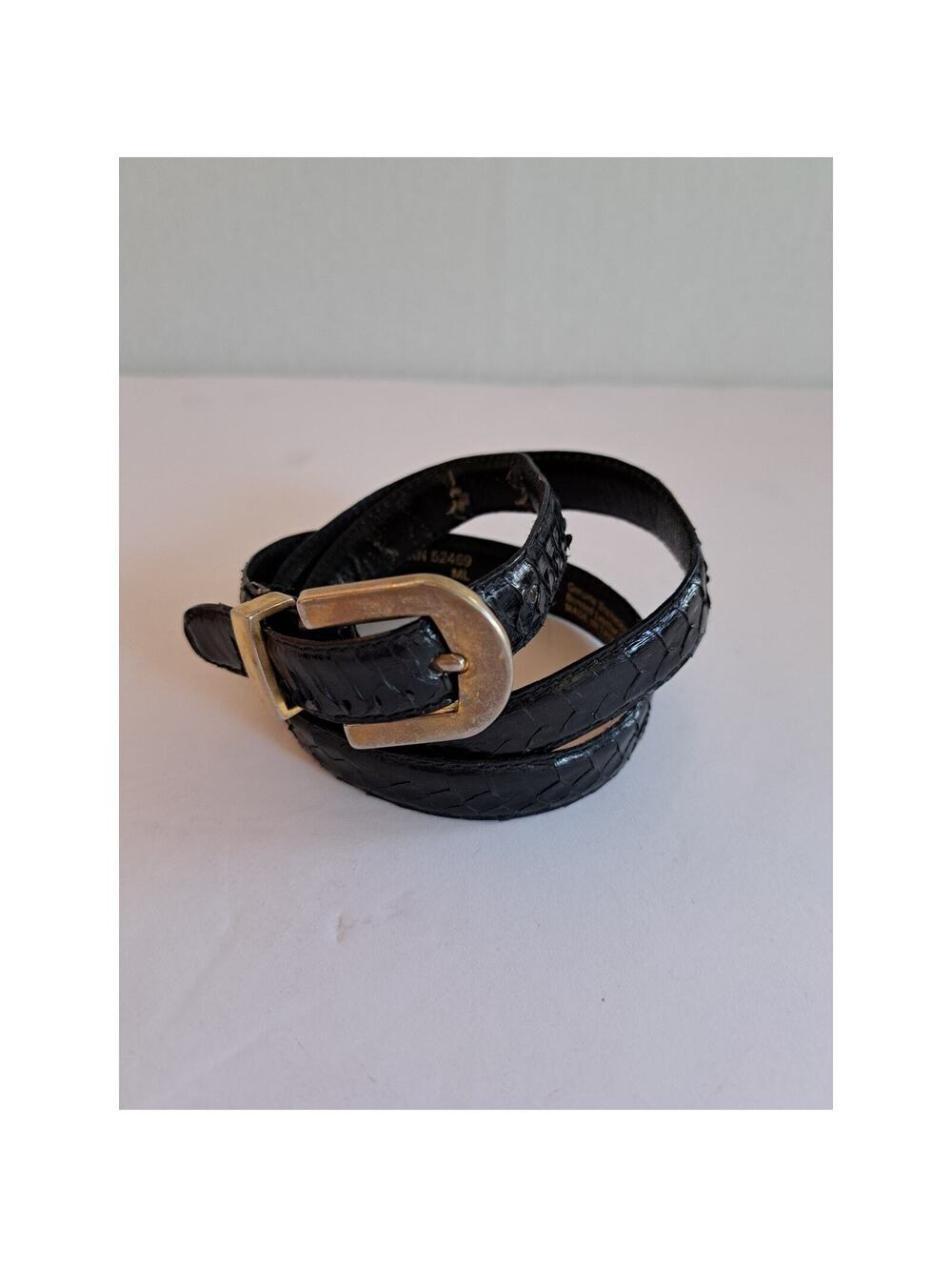 Genuine Snakeskin Black Belt Bonded Leather Back Size Med/Large Brass Buckle VTG